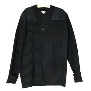 L. L. Bean Men's Commando Sweater Henley Black Wool Cotton Elbow Patches XL